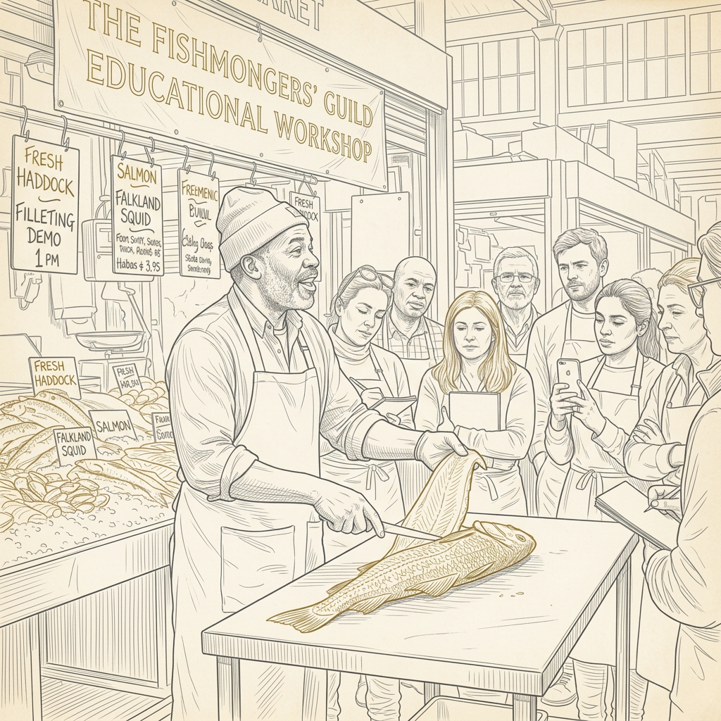 Fishmonger filleting a large fish while teaching a workshop