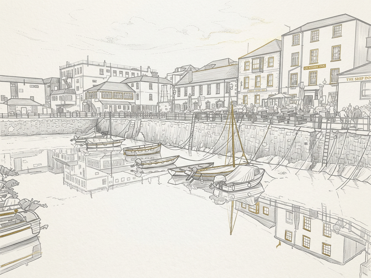 A seaside scene in Cornwall showing boats, dock walls and buildings