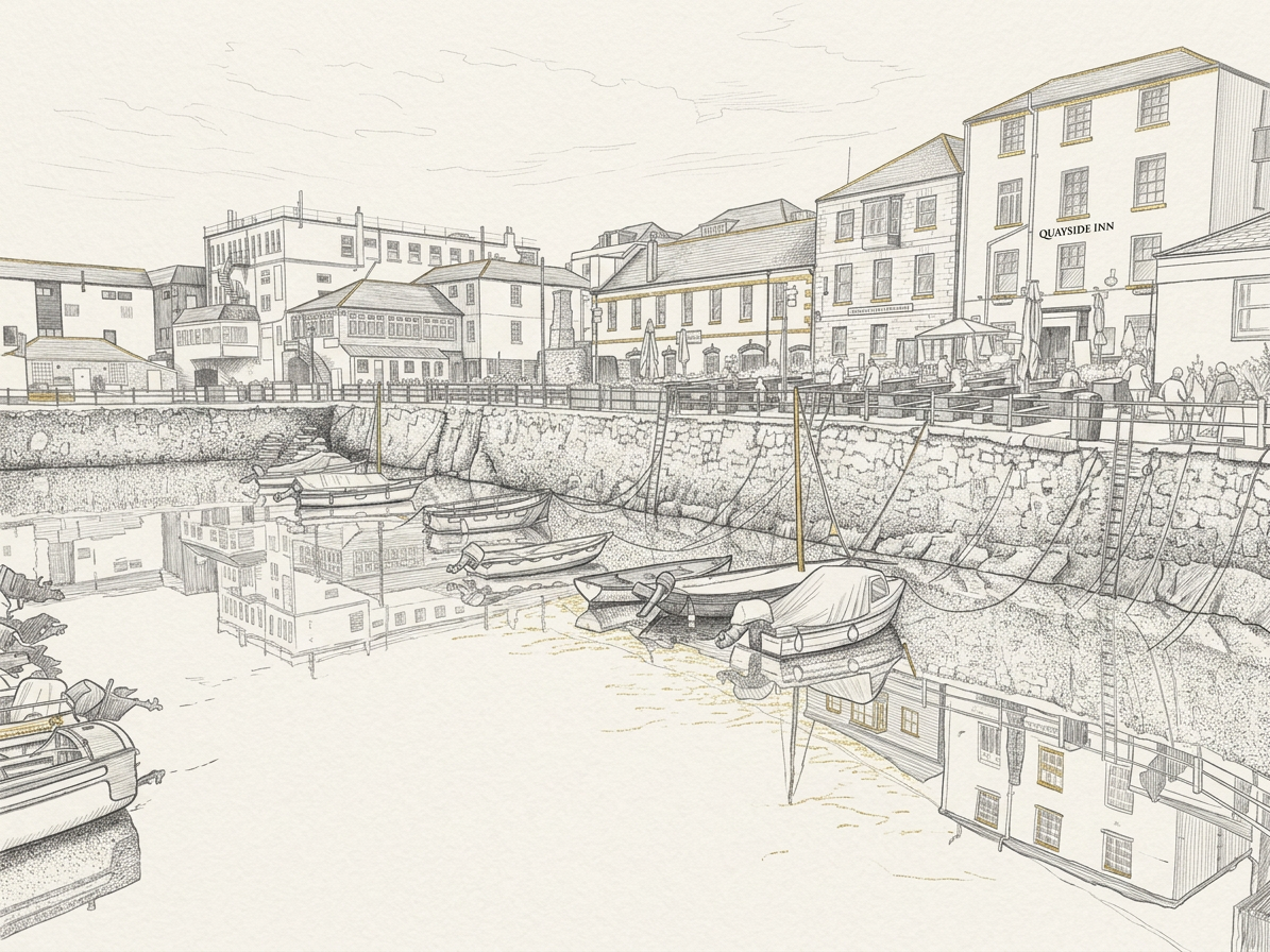 cornwall docks A seaside scene in Cornwall showing boats, dock walls and buildings